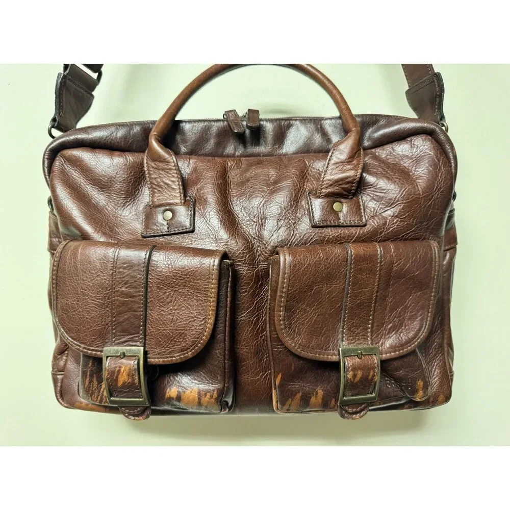 MOORE & GILES Genuine Leather Distressed Briefcase/Shoulder Bag Dark Brown